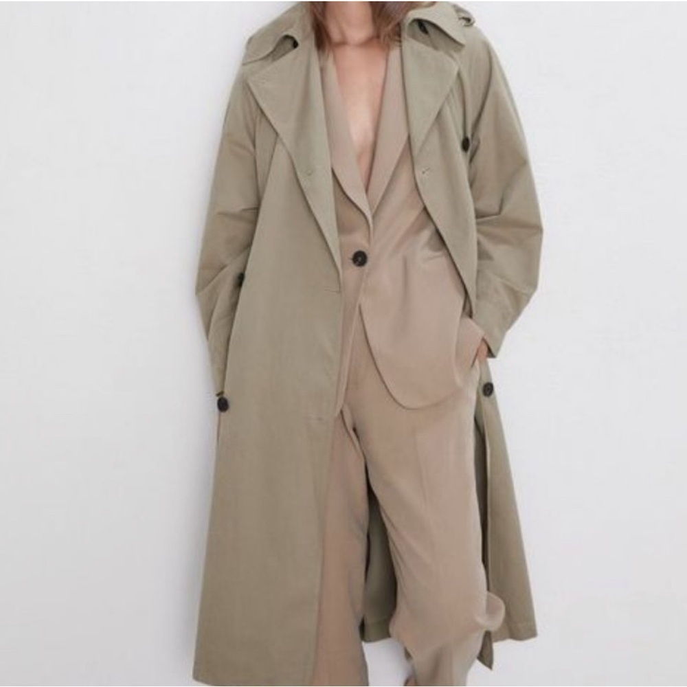 Zara Classic Army Green Khaki Oversized Trench Coat with Belt | XS